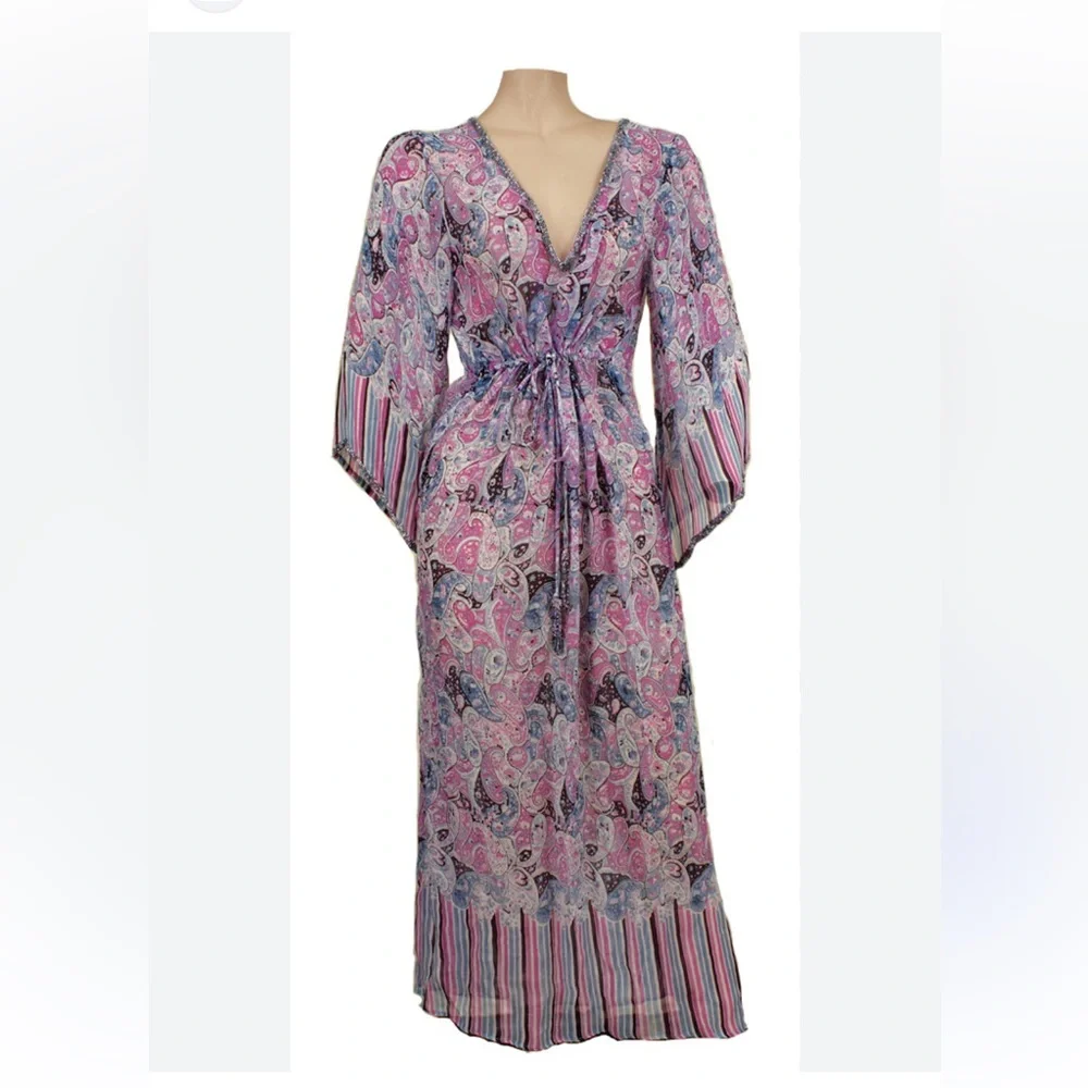 Calypso St. Barth 100% Silk Sheer Bead Boho Y2K Paisley Kimono Maxi Dress SZ 1 - Picture 1 of 15